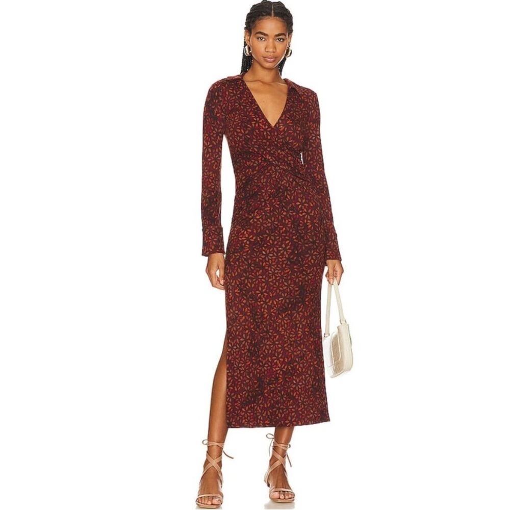 Free People Shayla Long Sleeve V-Neck Split Floral Wrap Midi Maxi Dress Medium